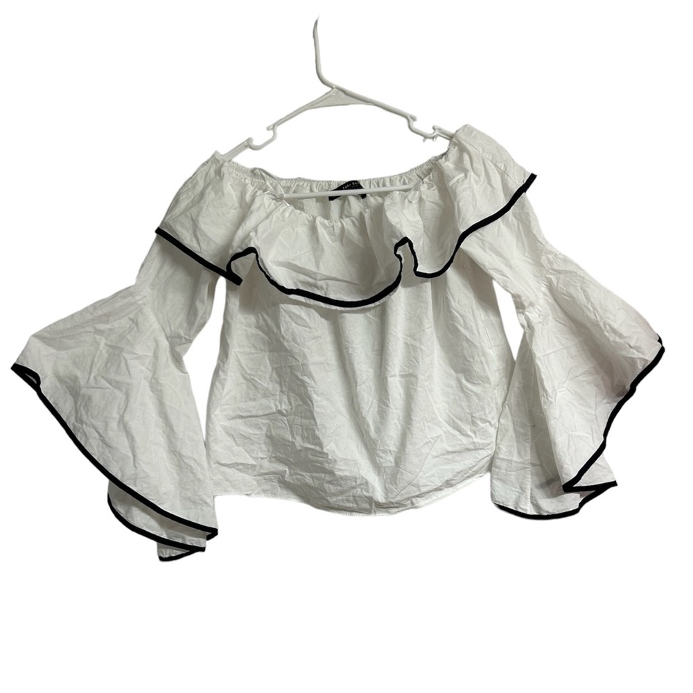 Zara basics Zara White Black Trim Cotton Off Shoulder Bell Sleeve Ruffle